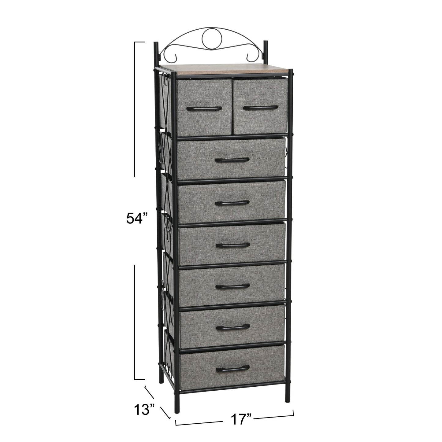 Household Essentials Victoria Dresser Tower Storage Organizer with 8 Drawers Black Metal Frame and Ashwood Rustic Wood Grain Top