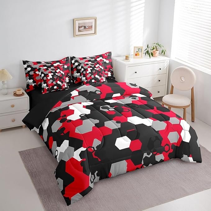 jejeloiu Red Honeycomb 7 Pieces Bedding Set King Size Modern Hexagon Theme Comforter Set with Sheets for Kids Boys Decor Camouflage Camo Geometric Abstract Bed in a Bag Soft Bedroom Decor