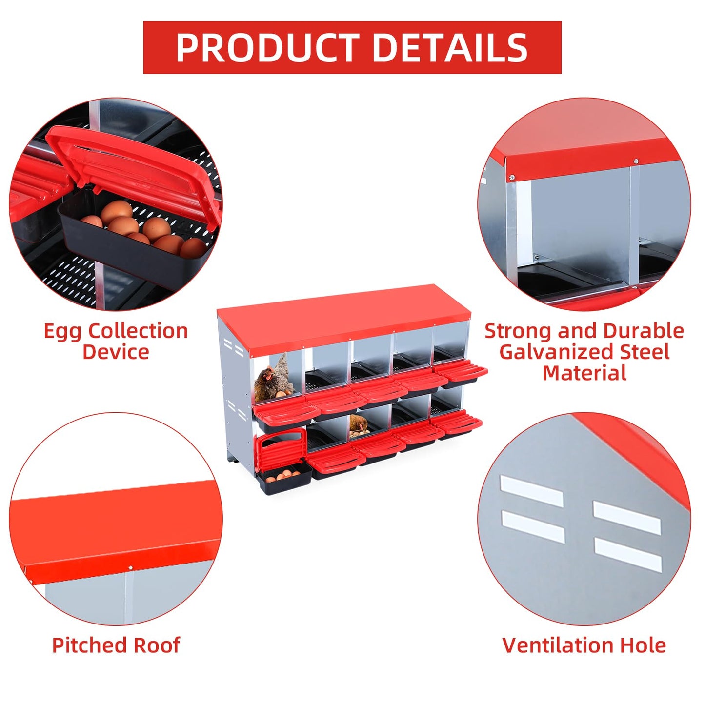 Chicken Nesting Box, 2-Tier Chicken Laying Boxes for Hens, 10 Compartments Chicken Laying Box, 10 Room Metal Nesting Boxes for Chicken, Roll Away Nest Box with Lid Cover to Protect Eggs, 10 Hole, Red