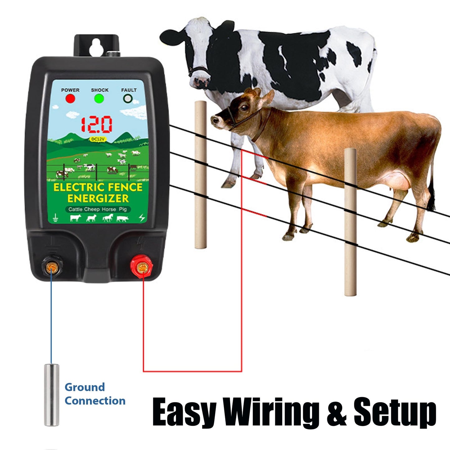 2 Joule Electric Fence Charger, 12KV Electric Fence Energizer, LED Display, AC 110V or DC 12V Power for Livestock Poultry Pets Farm Pasture Garden Ranch Orchard