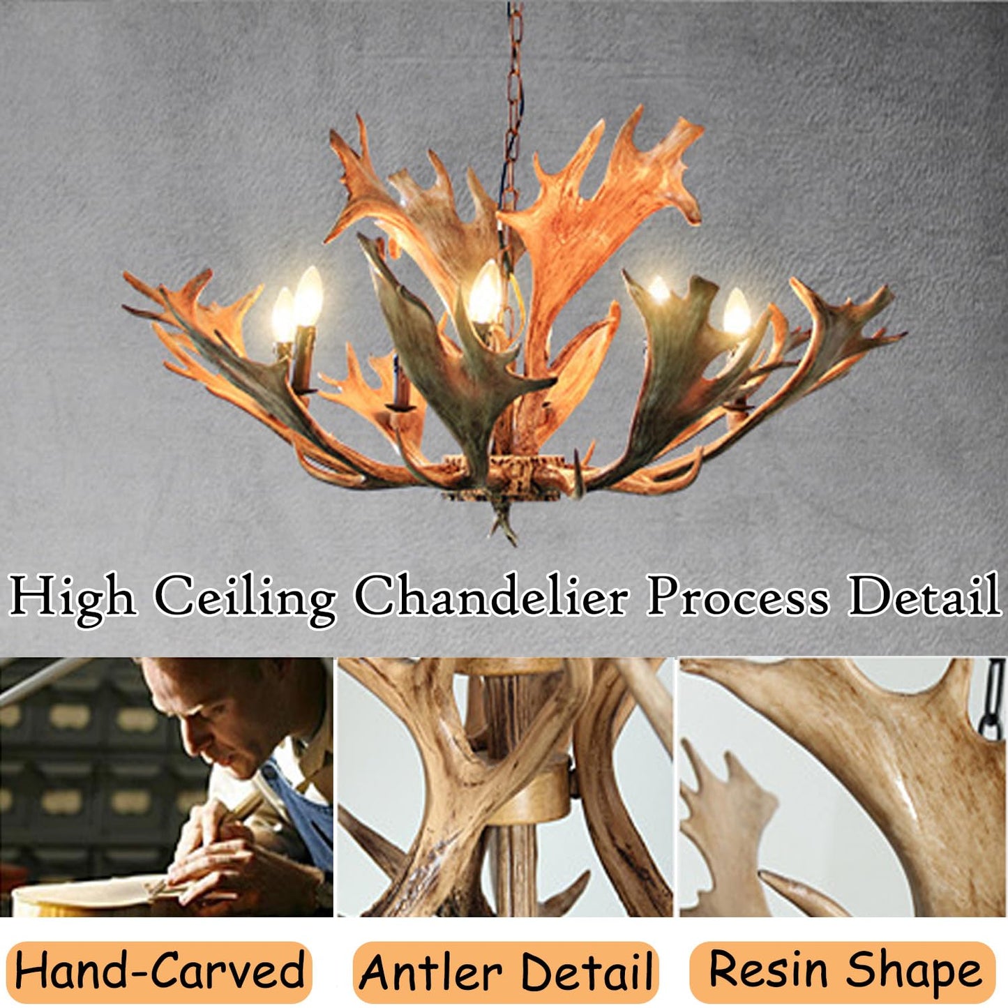 MIXL - Large Resin Deer Antler Chandelier,8-Lights Deer Horn Pendant Light,Rustic Kitchen Island Lighting,Farmhouse Style Chandelier for Hotel Dining Room and Foyer