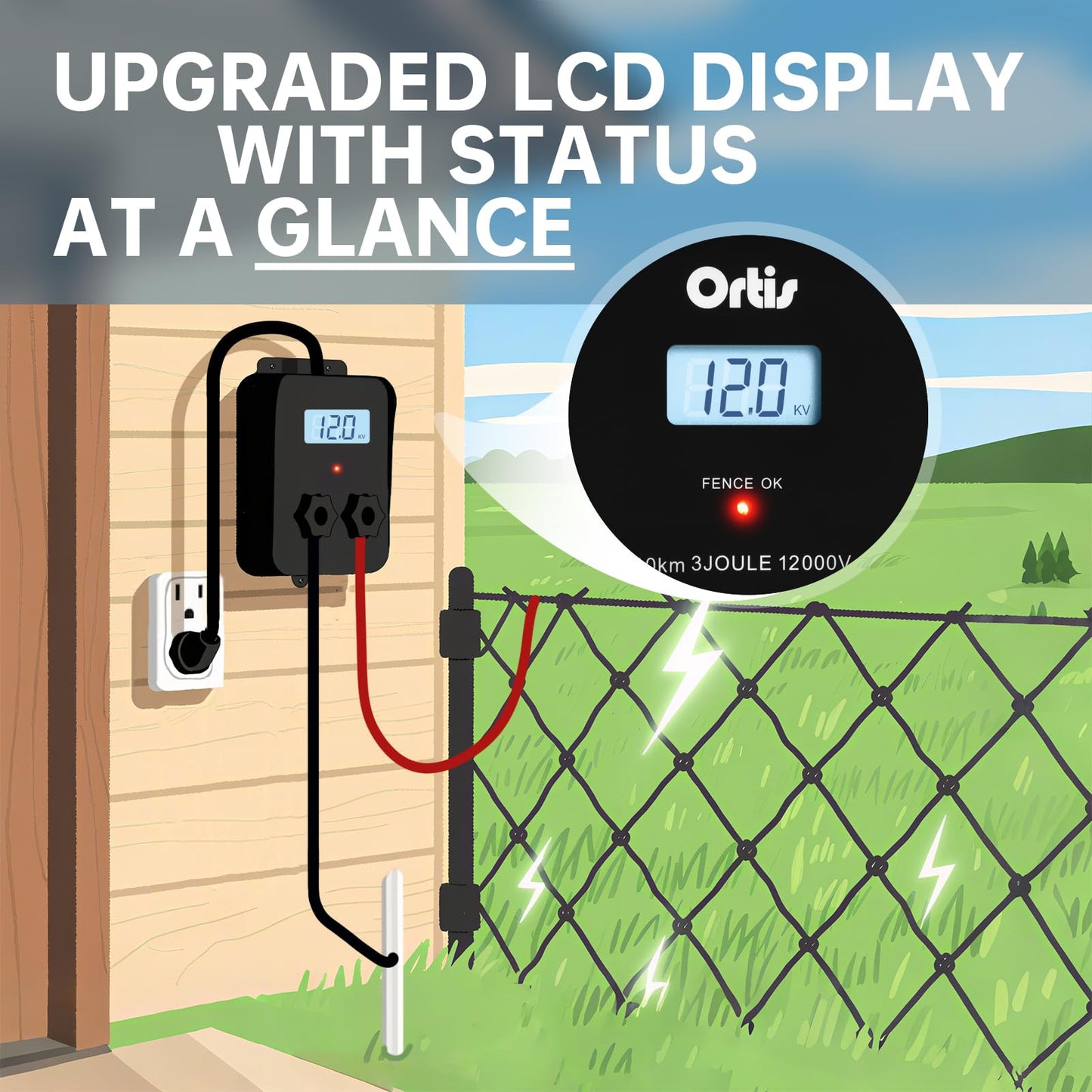 Electric Fence Energizer with LCD Display, Ortis 12,000V 3 Joules Electric Fence Charger, 6.2 Mile Range, Safe & Effective Animal Control for Livestock, Garden & Pasture Protection