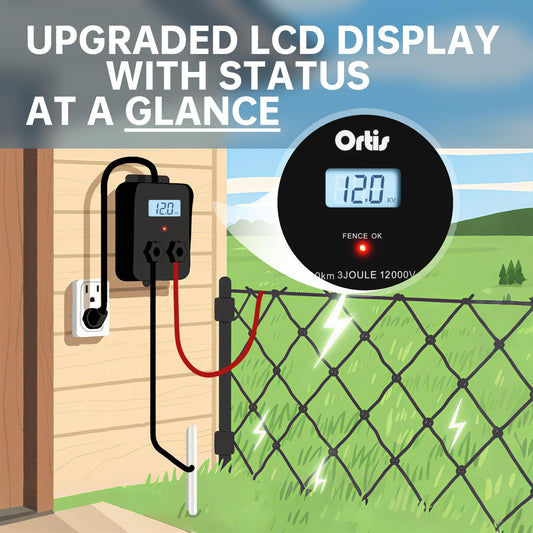 Electric Fence Energizer with LCD Display, Ortis 12,000V 3 Joules Electric Fence Charger, 6.2 Mile Range, Safe & Effective Animal Control for Livestock, Garden & Pasture Protection