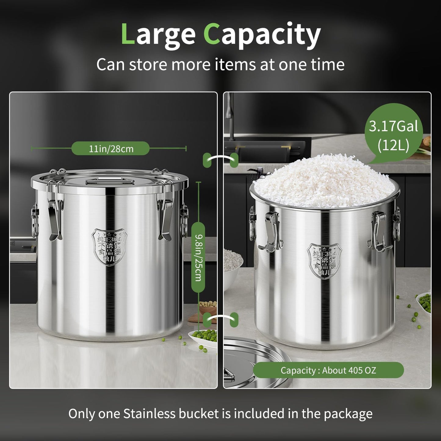 SWRONP 304 Stainless Steel food Storage Containers,3.2 Gal/12L Airtight Stainless Steel Bucket With lids,405oz Flour Storage Container,Metal Airtight Canister for Rice,Grain,Coffee Bean,Dog Food