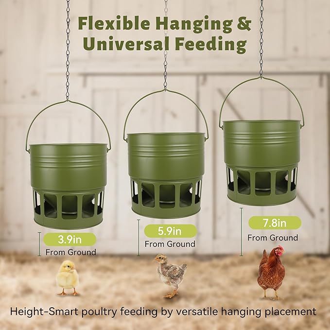 Hanging Chicken Feeder – 20lbs Metal Chicken Feeder, Adjustable Poultry Feeder with 12 Ports, No Installation & Universal Height Design (Avocado Green, 20lbs)