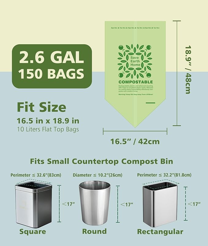AYOTEE Small Compost Bags 2.6 Gallon Trash Bag, 150 Count Compostable Trash Bags 2.6 Gallon Compost Bag for Countertop Bin 1.3,2,3 Gallon, Small Waste Basket Liners for Bathroom Kitchen Office