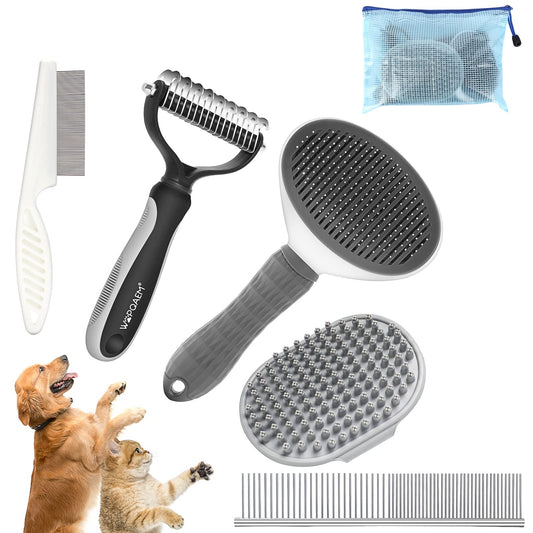 WOPQAEM 5 in 1 Dog Grooming Kit - Self-Cleaning Slicker Brush for Shedding Short Long Haired Dogs & Cats, Includes Pet Comb, Flea Comb, Bath Brush, Undercoat Rake - Complete Fur Care Set - Gray