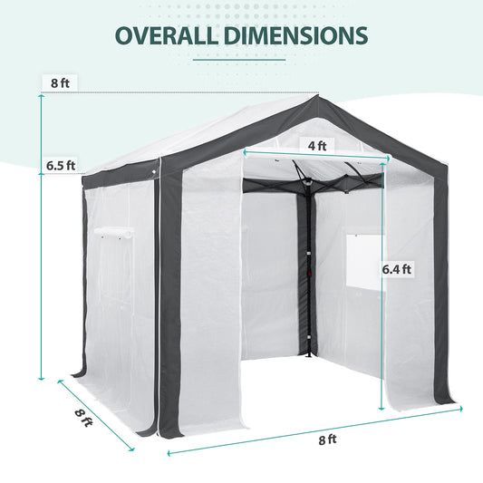 EAGLE PEAK 8x8 Portable Walk in Greenhouse with Polyester Reinforced Corners, Heavy Duty Instant Pop Up Indoor Outdoor Green House, Front Roll Up Zipper Entry Door and Mesh Windows, Gray/White