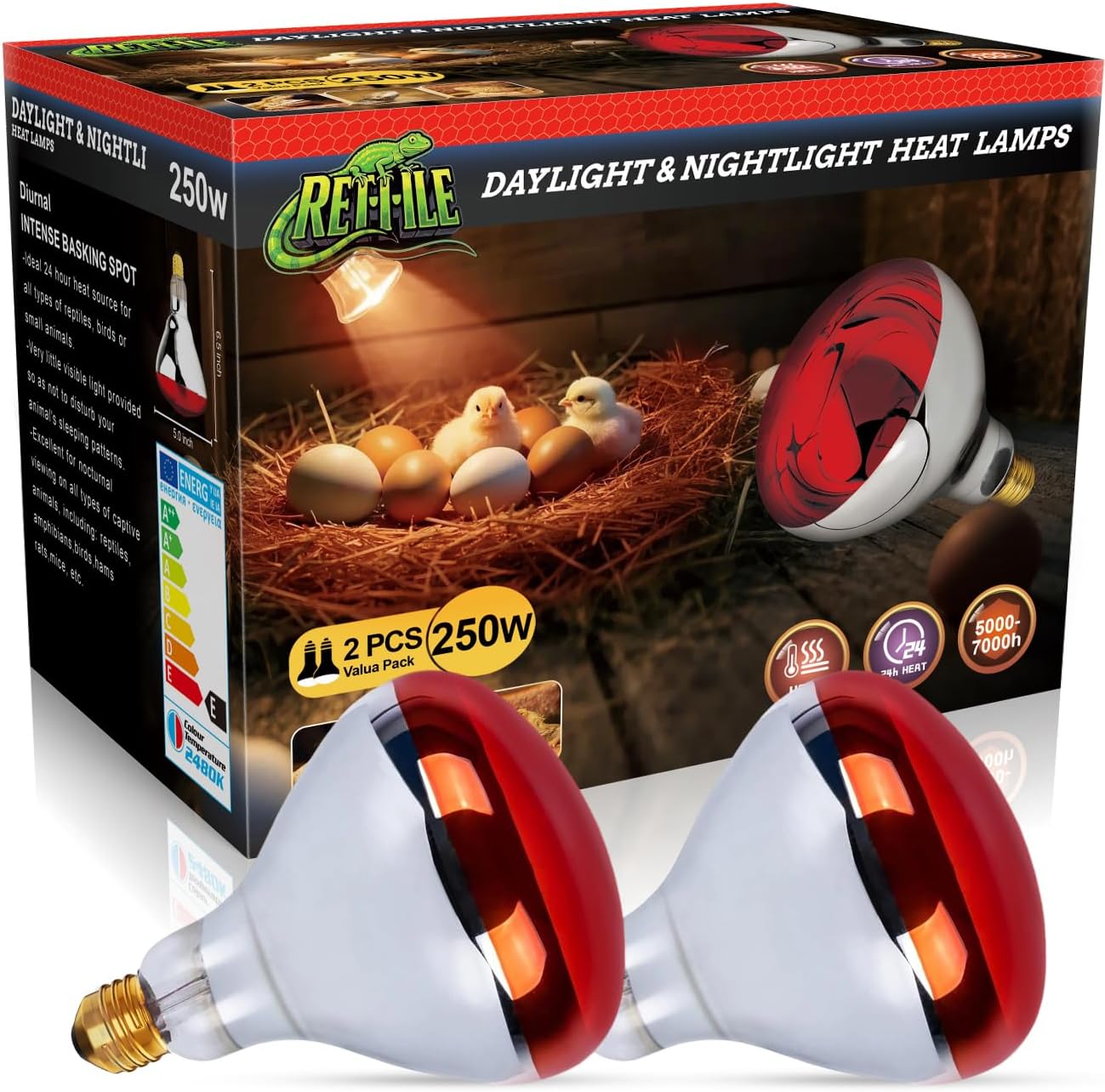 MISDOOD Infrared Heat Lamp 250 Watt 2 Pack, 120v R40 Incandescent Heating Bulbs for Reptiles Chicks Food Puppies Bathroom, E26 Base, Red
