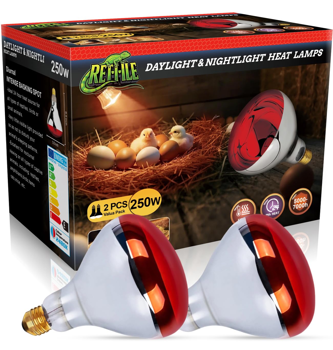 MISDOOD Infrared Heat Lamp 250 Watt 2 Pack, 120v R40 Incandescent Heating Bulbs for Reptiles Chicks Food Puppies Bathroom, E26 Base, Red