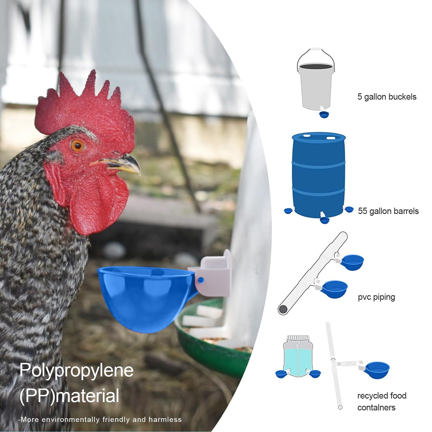 Darcvds Professional Chicken Waterer Cups, 8 Packs Blue Large Chicken Water Feeder, Tee Fittings Poultry Waterer Suitable for Duck, Chicks, Goose, Turkey, Bunny and Bird with Mounting Hole Opener