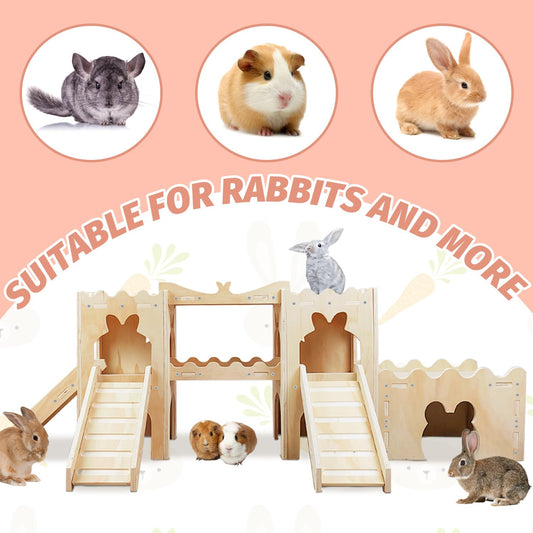 NICERINC PET Extra Large Wooden Rabbit Castle Hideaway Tunnel and Bed Small Animal Hideaway Hut Solid Safe Construction Play Hideaway Hut for Rabbit Guinea Pig Chinchilla
