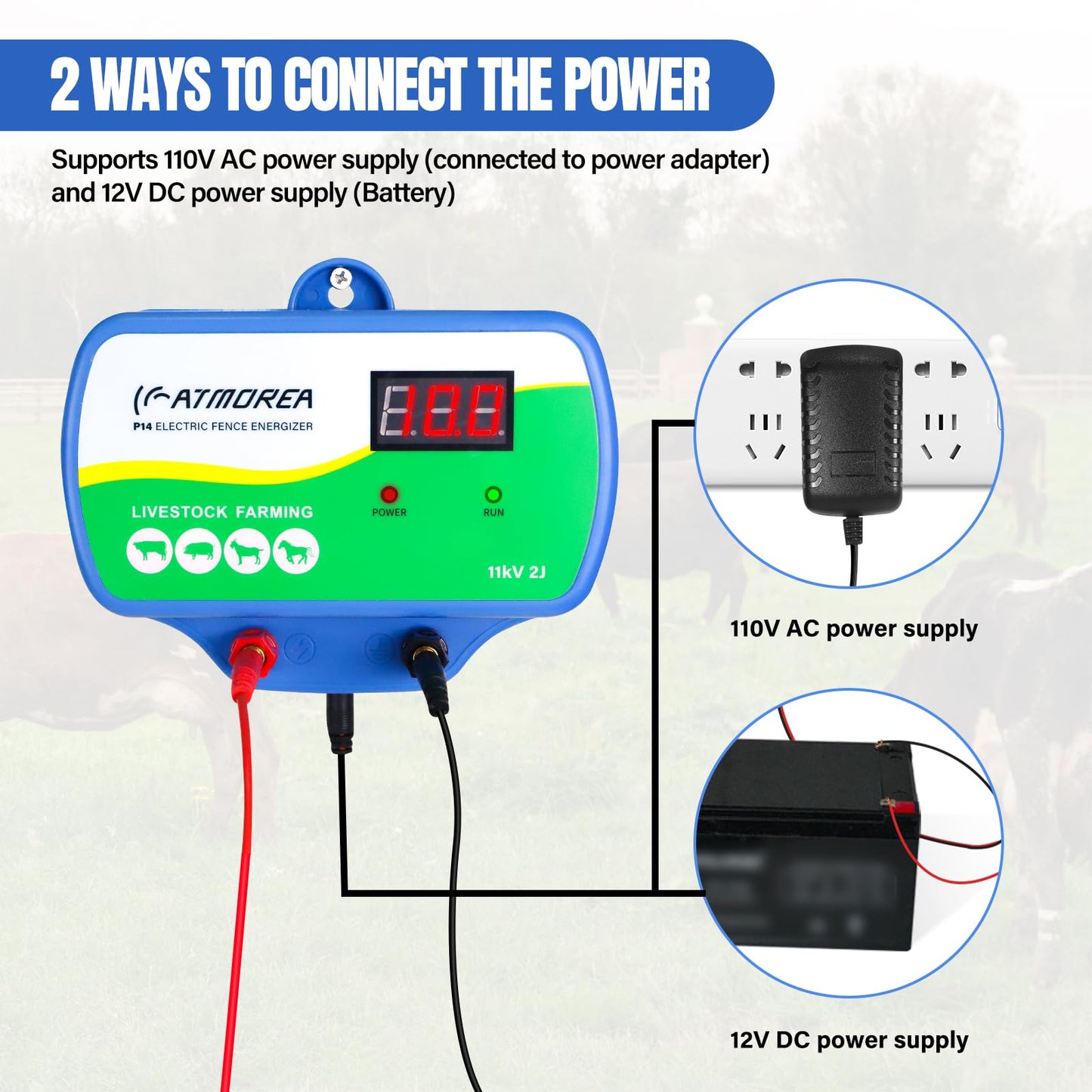 ATMOREA Electric Fence Charger 11kV Powerful Energizer ，2 Joules Energy Output with LED Display - Multi-Powered Ideal for Livestock, Pet, Poultry, Gardens, Orchards Protection