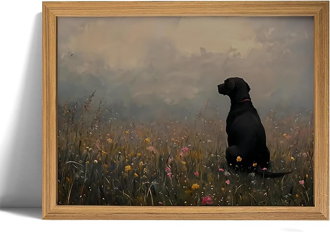 Rustic Countryside Farmhouse Wall Art –Vintage Black Dog in Meadow Canvas Print with Wildflowers Picture, Pet Memorial Poster Painting, Farmhouse Animal Wall Decor for Living Room, Bedroom, Pet Lovers,Wood Frame 16x24in
