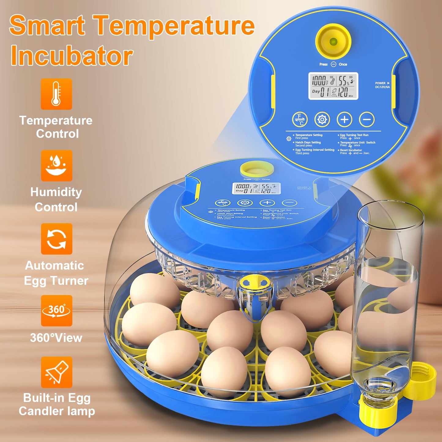 18 Egg Incubator with Automatic Egg Turning & Humidity Control, 360° Viewing, Dual Egg Trays,Incubators for Hatching Eggs, Chicken, Duck, Quail, Goose, Parrot (Home, Farm, Lab,Classroom Use)