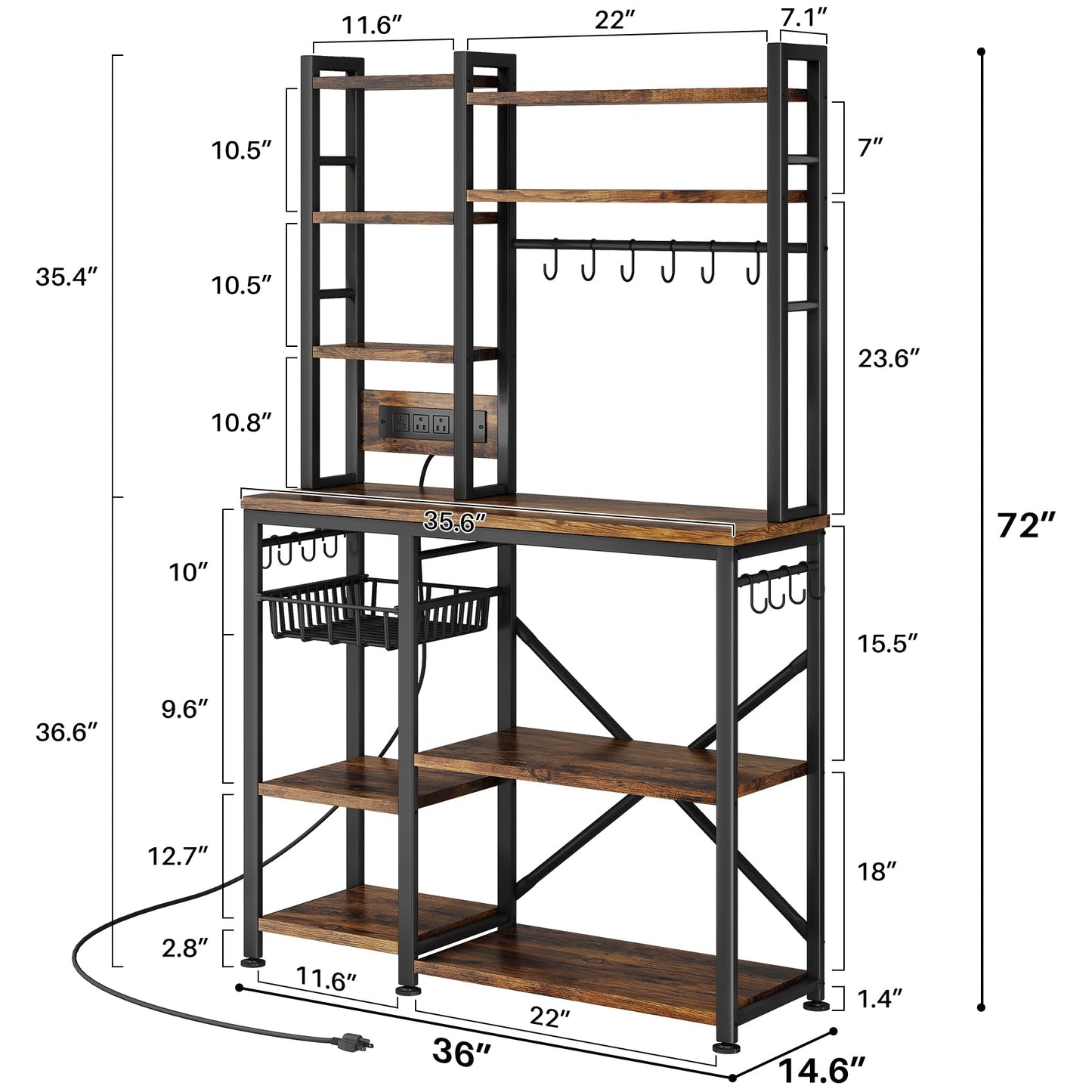 Baker Rack with Power Outlet - Microwave Stand with Storage, Large Coffee Bar Station with 14 Hooks, Metal Kitchen Shelf Rack for Spices, Pots (Rustic Brown)