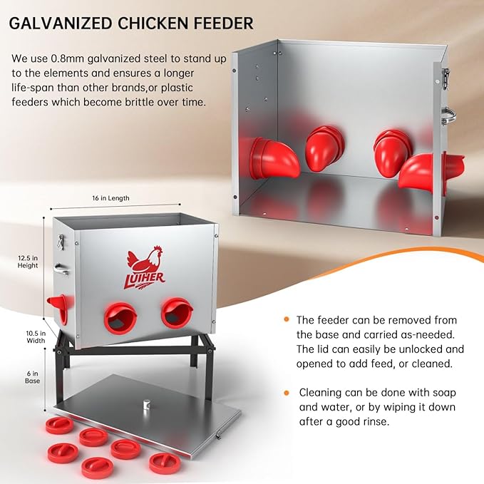 LUIHER Chicken Feeder - 40lb 6 Ports Large Capacity Galvanized Metal Poultry Feeder with Legs and Lids - Reduces Refilling Frequency - No Waste Chicken Feeding Equipment for Hen Coop