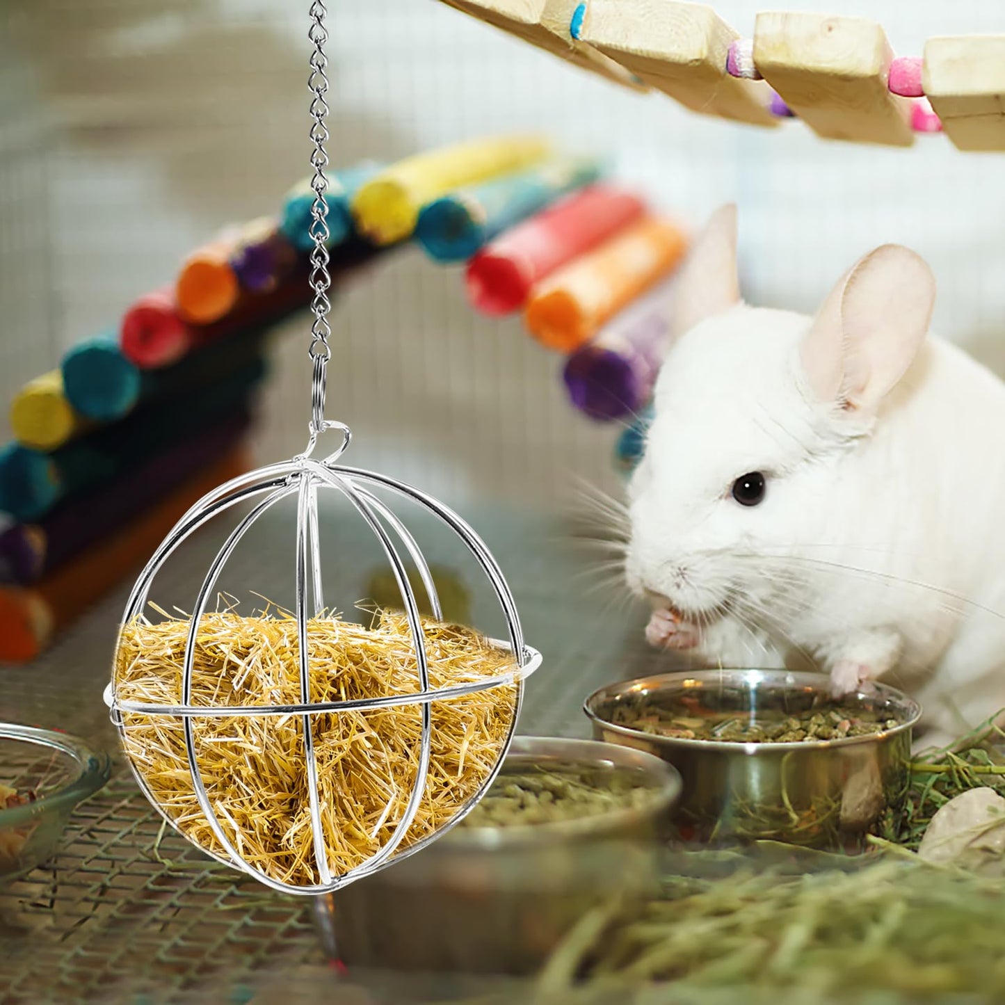 Balacoo Chinchilla Hay Feeder - Hanging Rabbit Hay Feed Dispenser, Stainless Steel Guinea Pig Holder Ball Feeder Toy for Bunny Guinea Pig Hamster Rat