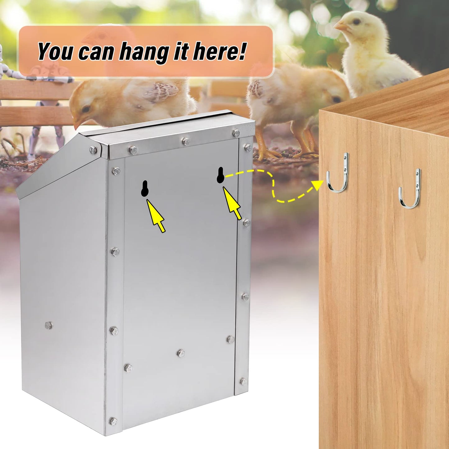 KHEARPSL Stainless Steel Wall Mounted Chicken Feeder Hanging Automatic Poultry Feeder with Lid Weatherproof Metal Poultry Feeders Trough(10LB Capacity)