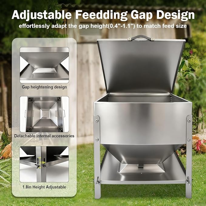 Stainless Steel Chicken Feeder No Waste, 60LBS Large Capacity Poultry Feeder, Adjustable Metal Chicken Coop Feeder with Lid and Handle
