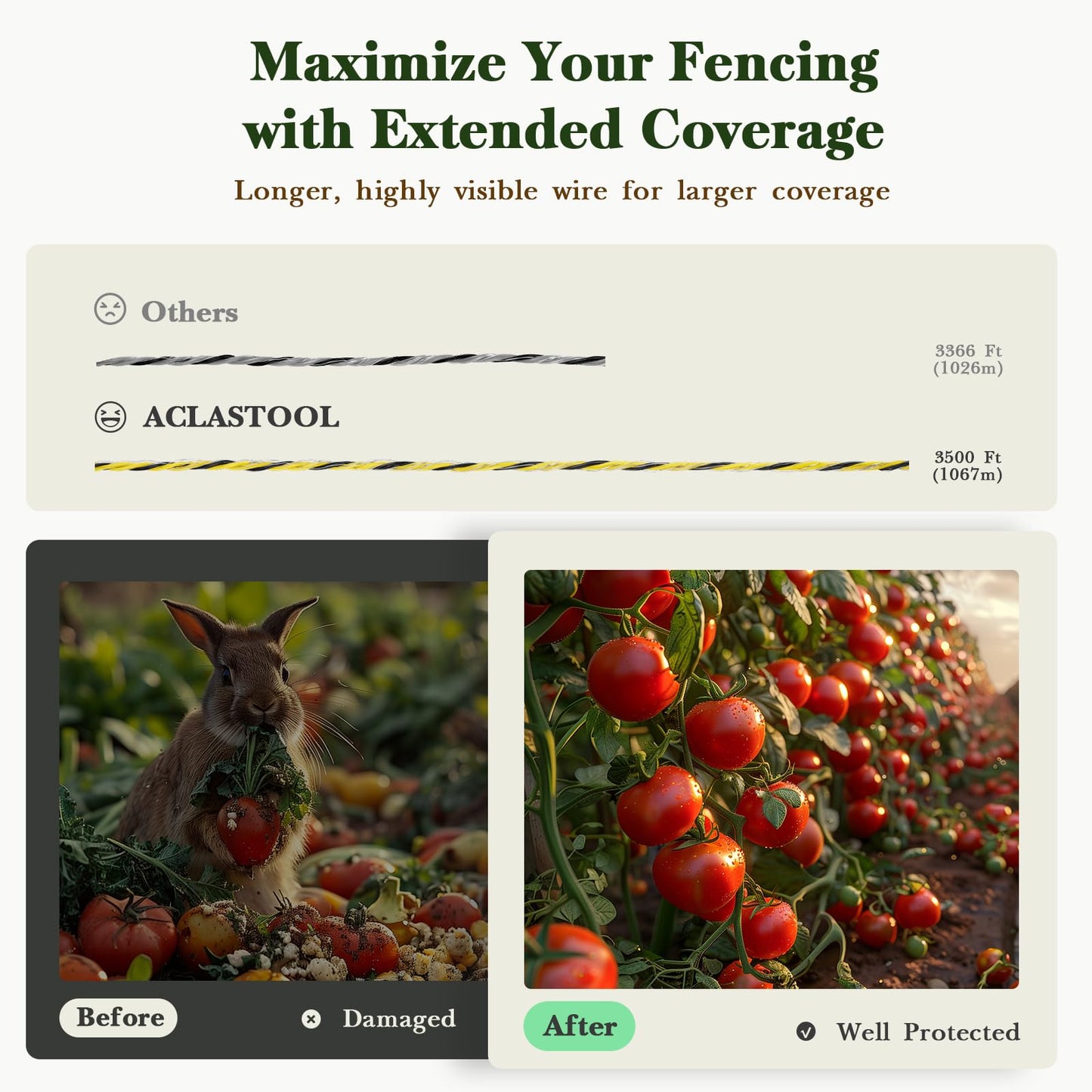 Aclastool Electric Fence Wire, 3500ft 1067m, Polywire for Portable Livestock Fencing, 6 Stainless Steel Strands for Reliable Conductivity and Rust Resistance, UV Resistant