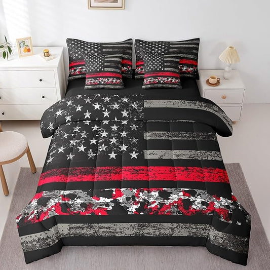 jejeloiu Kids Red Camouflage Comforter Set with Sheets Twin Size American Flag 7 Pieces Bedding Set for Boys Girls Teens Bedroom Decor Vintage Camo Military Style Disruptive Pattern Bed in a Bag Soft