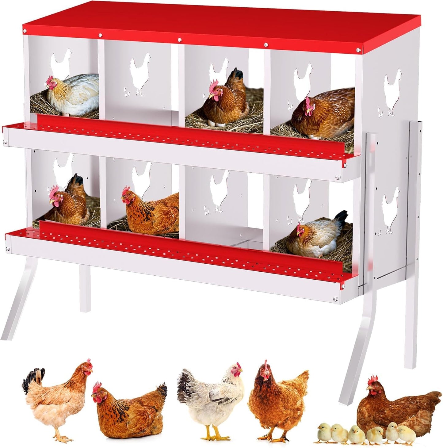 Chicken Nesting Boxes, 8-Hole Metal Nesting Box with Perch & Roll-Away Egg Design – Wall Mount or Freestanding Laying Box for Hens, Ducks, Quail (Heavy-Duty Galvanized Steel),Red. 1