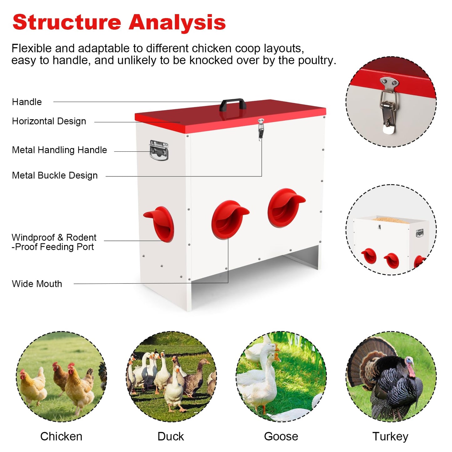 Qdreclod Professional Automatic Chicken Feeder (50LB) - 6 Port Metal Chicken Feeder，Large Capacity Automatic Poultry Feeder System, No Waste Poultry Feeder with Locking Lid for Chickens, Ducks&Poultry