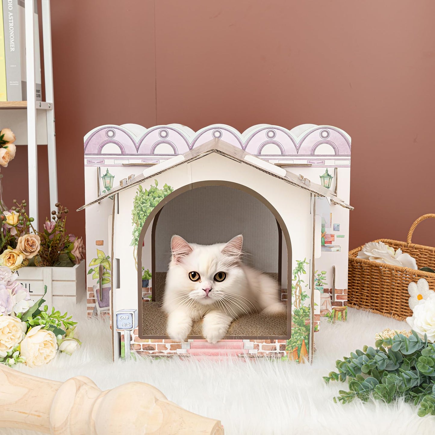 Lineshading Multi Level Cardboard Cat House with 3 Scratchers Large Sturdy Country House Themed Cat Villa 17"x12"x10" Cute Pet Condo Beds Toys Hideout for Bunny Small Animals Birthday Party