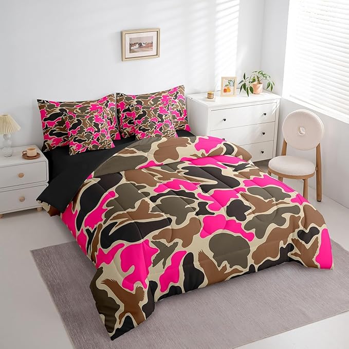 Feelyou Duck Hunter Hot Pink Camouflage Hunting 7 Pieces Bedding Set, King Size Black Brown All Season,Bed in a Bag with Comforter, Sheets, Pillowcases Camo Army Bed Set Breathable Wild Room Decor