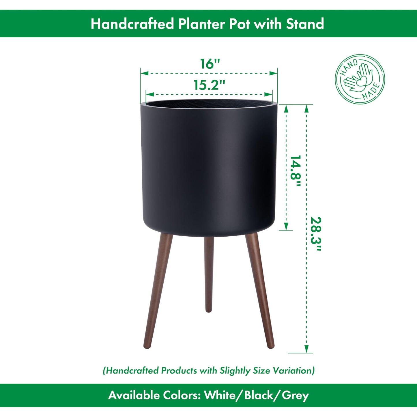 D'vine Dev 16 Inch Planter Pot with Stand, Mid-Century Tall Plant Pot with Legs for Indoor Plants, XX-Large, Black, 88-O-E-2