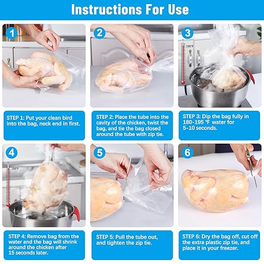 Large Turkey Shrink Bags, Pack of 25, 16"x 30" Clear Poultry Bags, Heat Wrap Freezer BPA Free Food Safe Storage for Turkeys, Chickens, Rabbits, With 25 Zip Ties and Silicone Straw