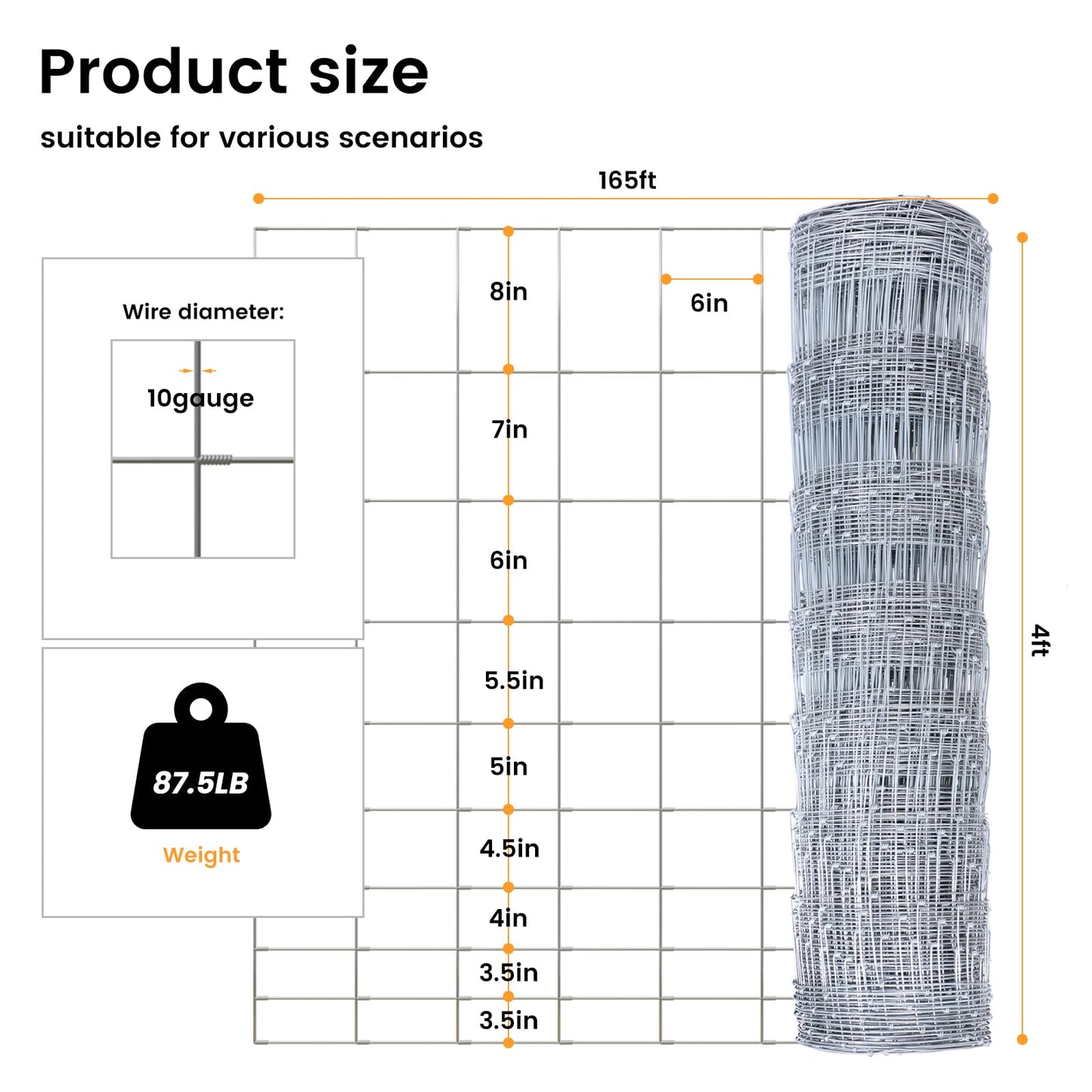 10 Gauge 4' * 165' Cattle Fence Panels, Farm Fence Galvanized Cattle Wire Mesh Fencing,Used to Hog Goat Fencing for Yard Garden and Field