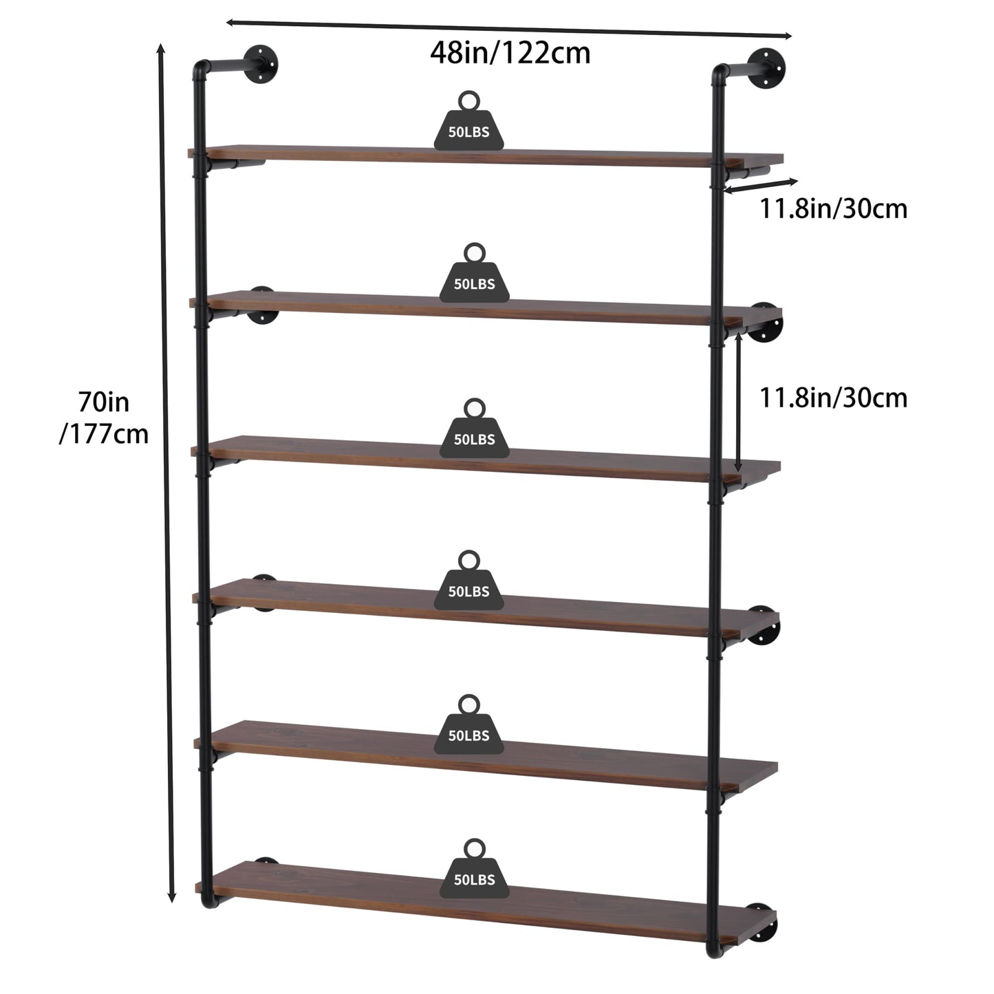 ONOTETUT 6 Tier Industrial Pipe Shelves with Wood Planks, 48 inch Iron Pipe Shelving, Retro Wall Mounted Bookshelf, Floating Bar Shelves for Kitchen,Living Room