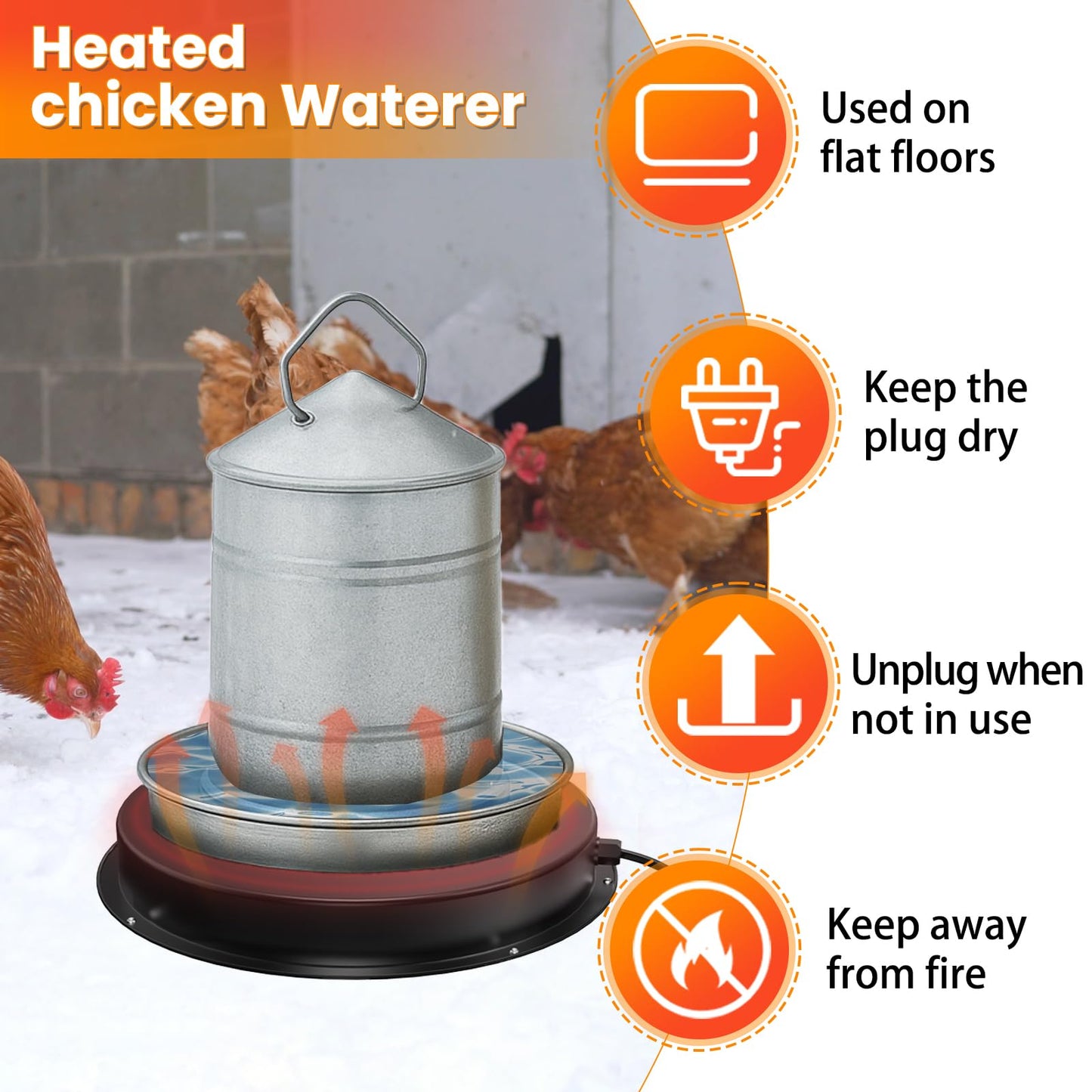 Chicken Water Heater, 11 inch Heated Chicken Waterer Base, Heating Base for Plastic & Metal Chicken Poultry Waterers, 77℉ Automatic Shut-Off Chickens Water Heater Pad with 6.5ft Power Cord (Black)