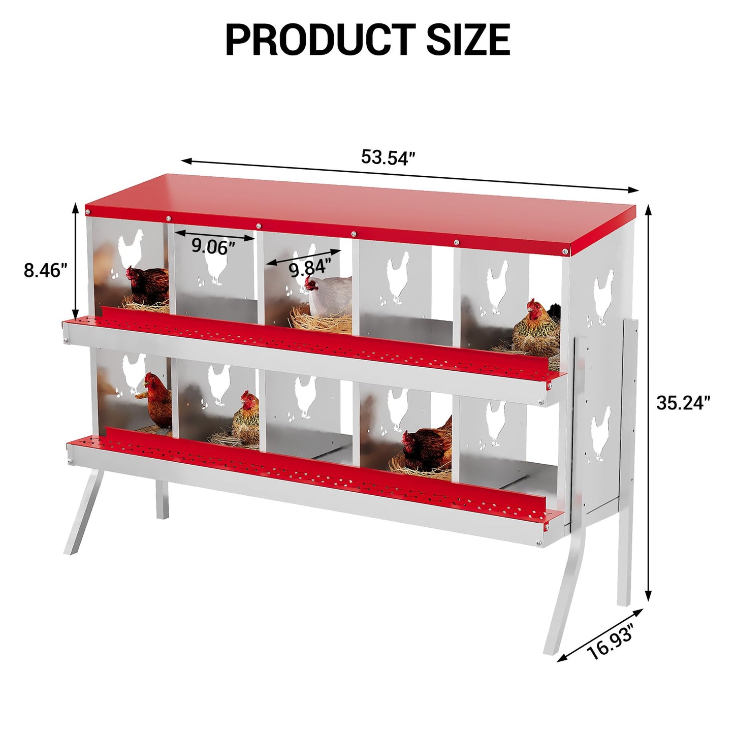 Chicken Nesting Boxes, 10-Hole Metal Nesting Box with Perch & Roll-Away Egg Design – Wall Mount or Freestanding Laying Box for Hens, Ducks, Quail (Heavy-Duty Galvanized Steel),Red. 1