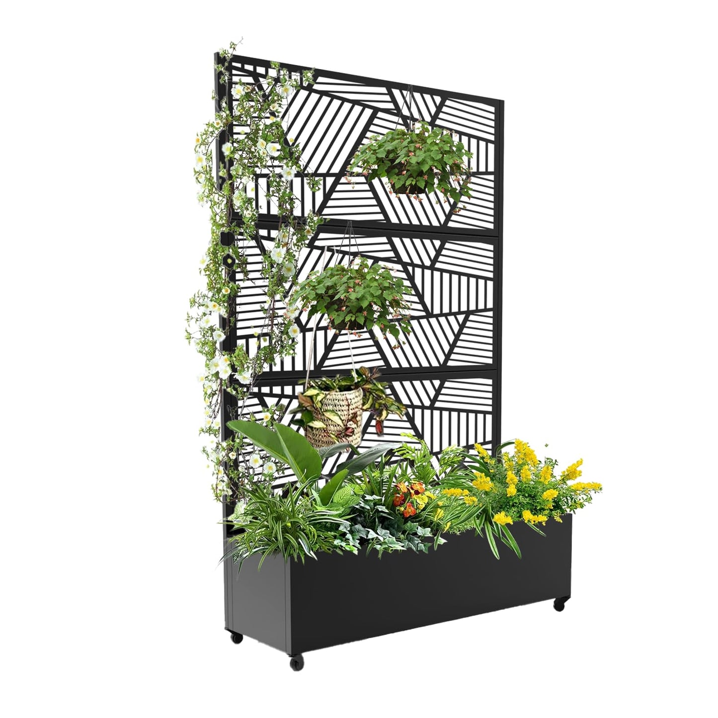 Metal Privacy Screen with Wheels – Galvanized Steel Garden Trellis & Planter Box for Climbing Plants/Vines– Galvanized Raised Garden Bed for Patio, Yard, Balcony