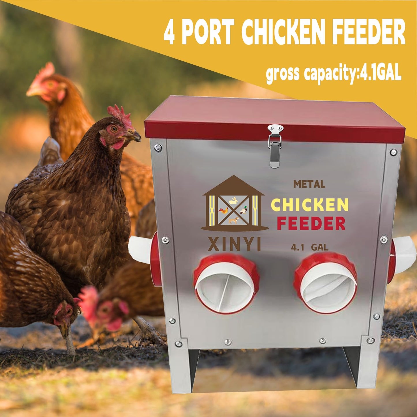 Automatic Chicken Feeder 4 Ports 25lbs Metal Poultry Pro Feeder No Waste Rodent Proof Weatherproof Chicken Food Dispenser System 4.1 Gallon