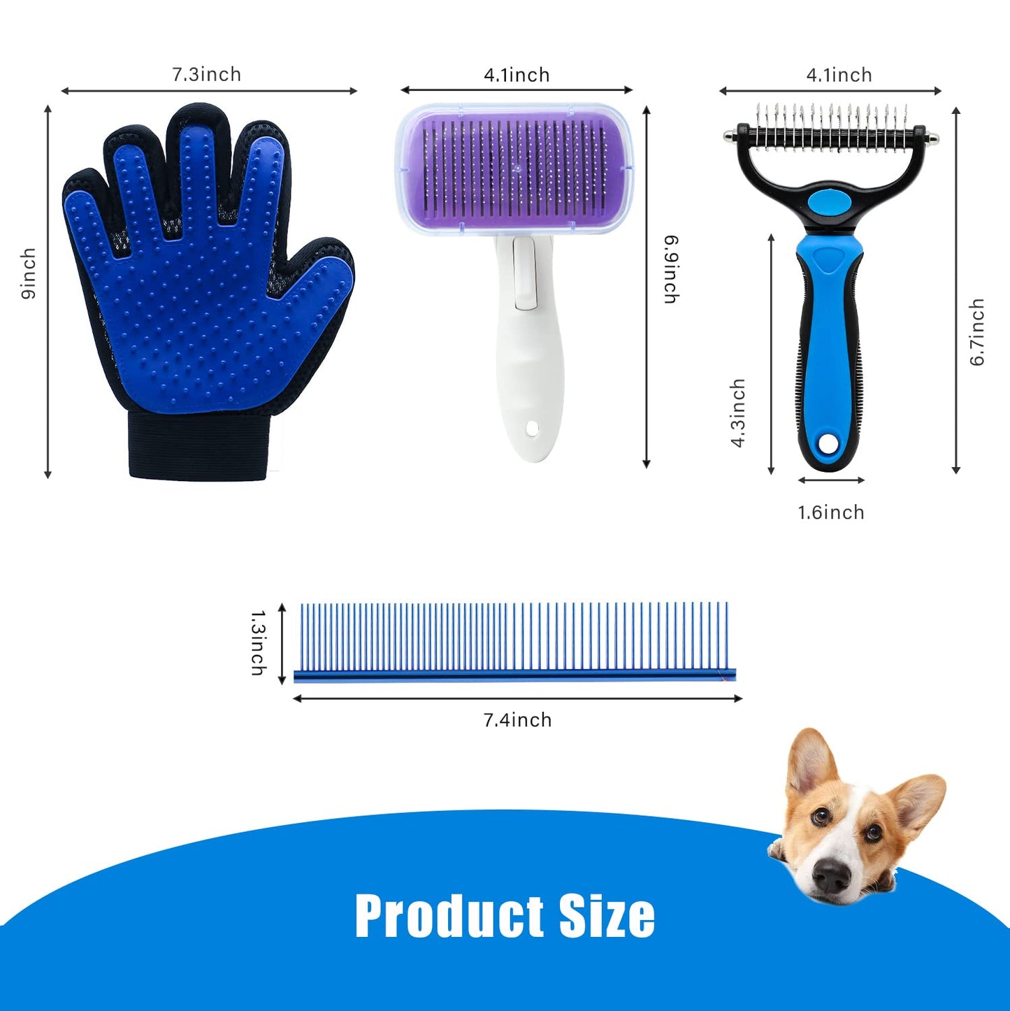 Crafterlife Dog Grooming Kit with Self Cleaning Slicker Brush, Pet Hair Remover Massage Gloves, Shedding Dematting Steel Comb for Long & Short Haired Cats Dogs, 4 Count