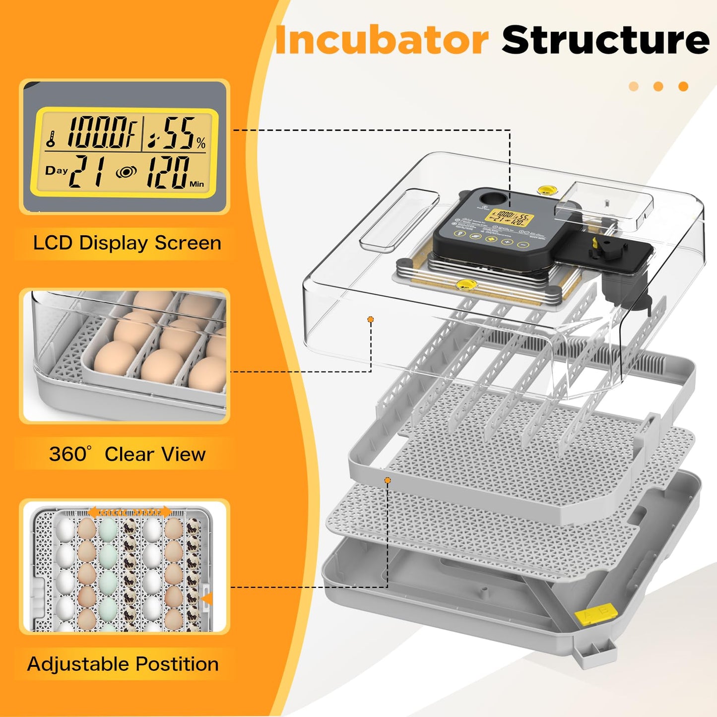 Incubator for Hatching 48 Eggs with Automatic Egg Turning and Humidity Control, Egg Incubator with Temperature, Incubators for Chicken, Ducks, Goose, Quail, Pigeon, Grey