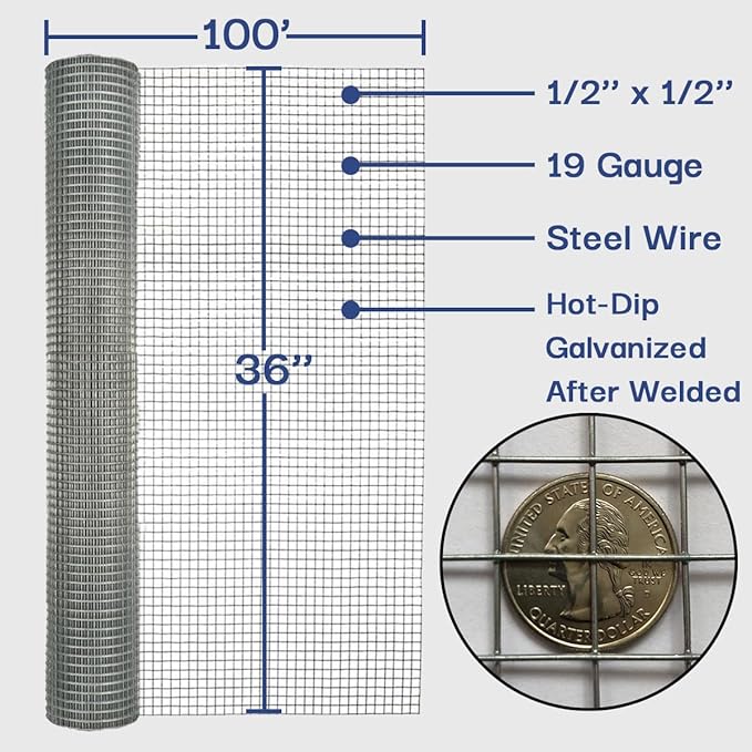 Hardware Cloth Roll 1/2 in. x 3 ft. x 100 ft. 19-Gauge, Chicken Wire Mesh Roll, Chicken Wire Fencing, Wire Fence Roll, Welded Wire, Garden Fence, Tree Fence, Rodent Mesh, Gopher Guard
