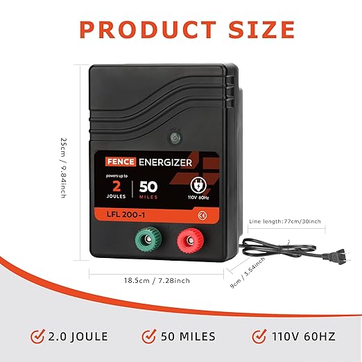 Electric Fence Charger AC Powered 50 Miles 165 Acres, 110 Volt 2 Joule Plug-in Electric Fence Energizer, Output Voltage Max 10 kV for Livestock, Preventing Predators from Intruding