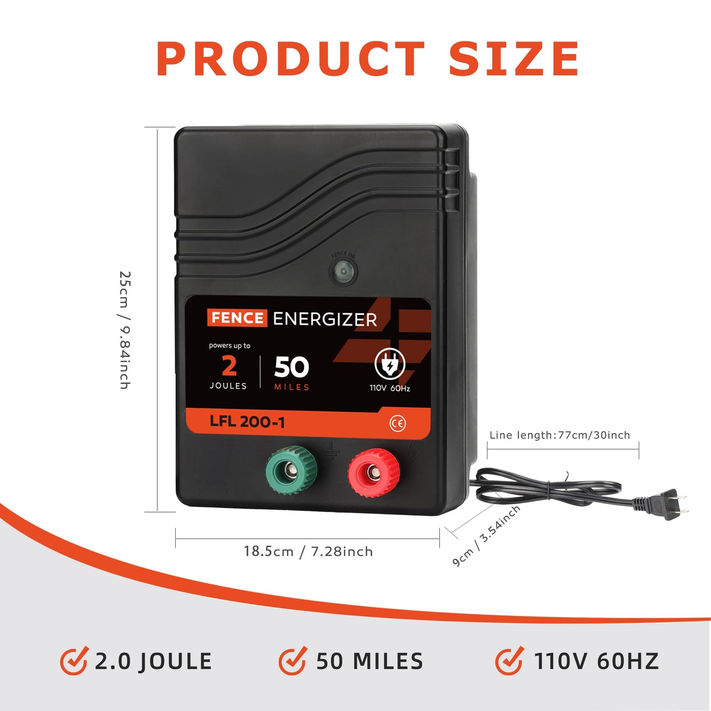 Electric Fence Charger AC Powered 50 Miles 165 Acres, 110 Volt 2 Joule Plug-in Electric Fence Energizer, Output Voltage Max 10 kV for Livestock, Preventing Predators from Intruding