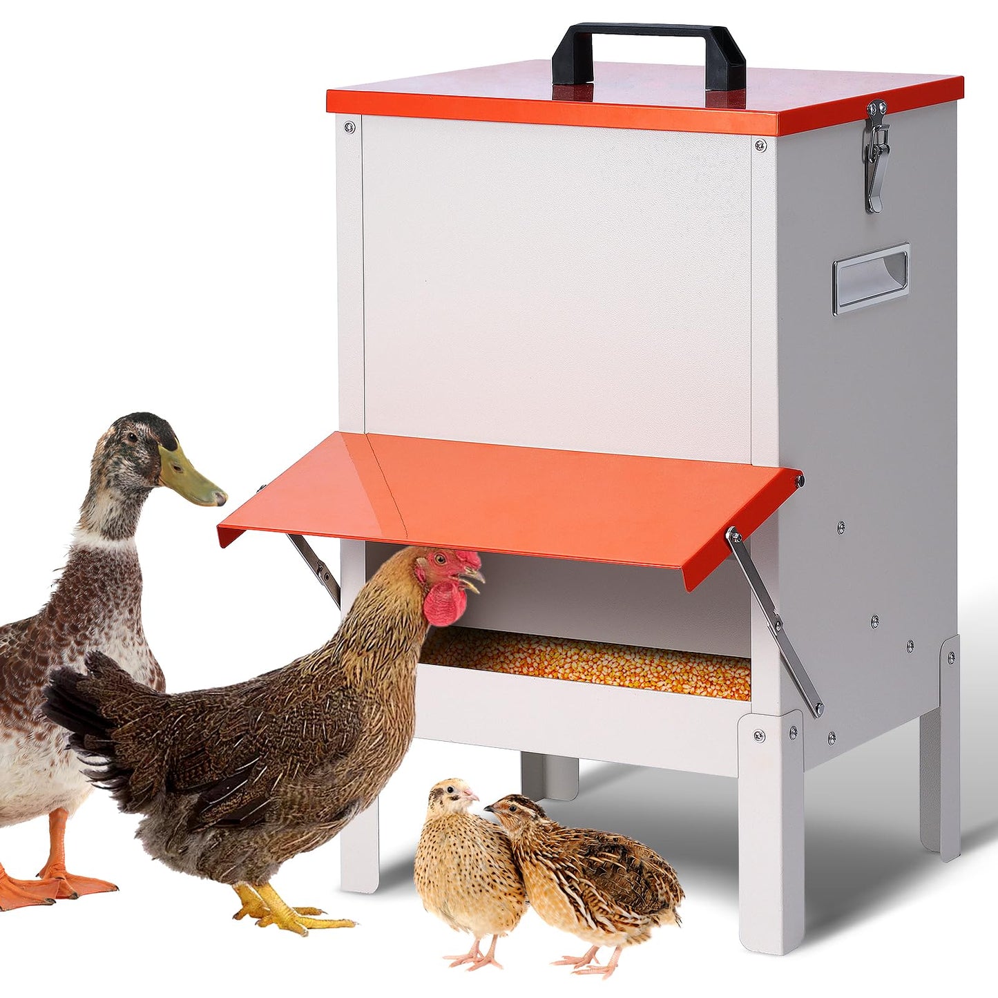 PKNYBZH 30lbs Automatic Chicken Feeder and Duck Feeder，Large Poultry Feeder for Chickens, Ducks, Geese, Pigeons, Dogs, Cats (Orange)