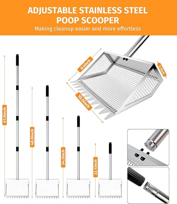 Chicken Poop Scooper & Rake - 2-in-1 Metal Chicken Coop Scoop for Sand with 22 to 62" Adjustable Handle, Litter Sifting Shovel Cleaning Tools for Chicken Run, Animal Farm, Duck Coop, Silver