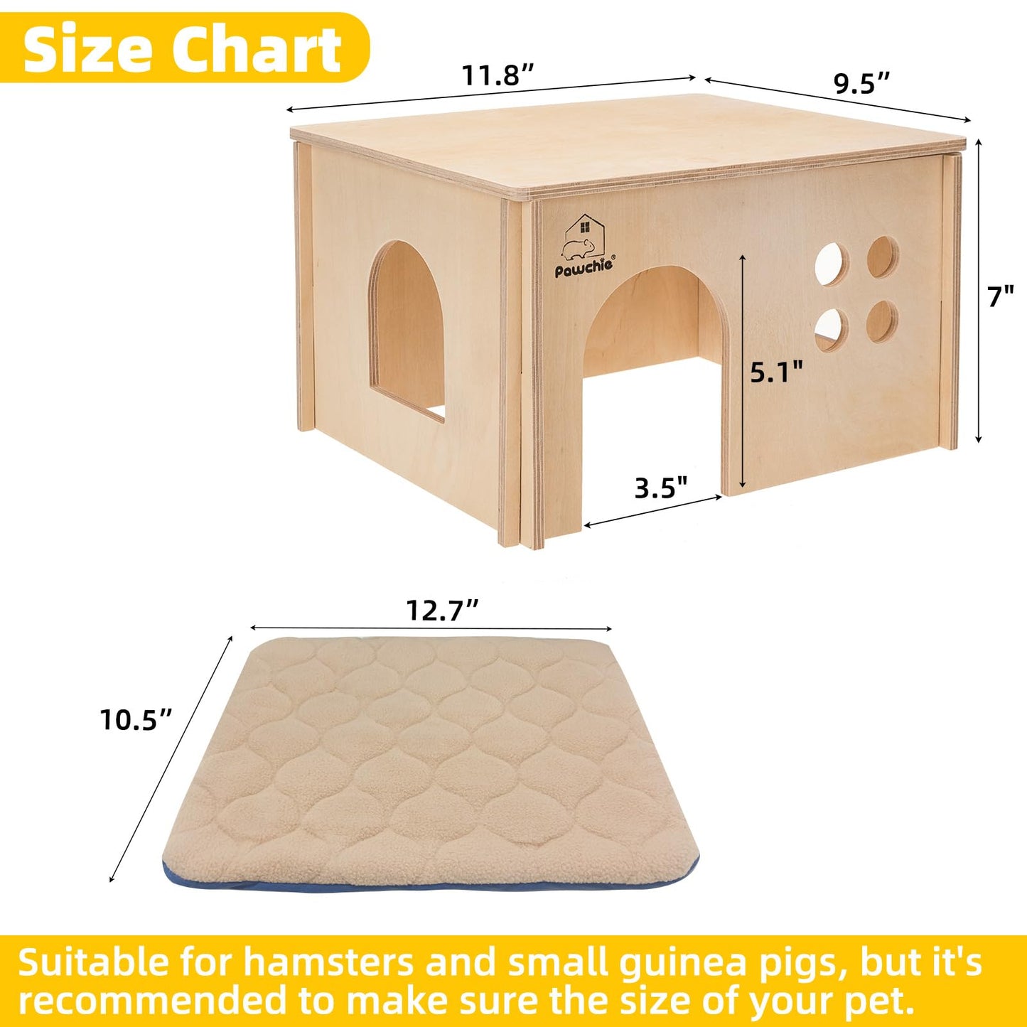 PAWCHIE Guinea Pig House Hide - Wooden Hideout for Chinchilla Small Animals, Habitat with Windows Guinea Pig Hamster Rat Living