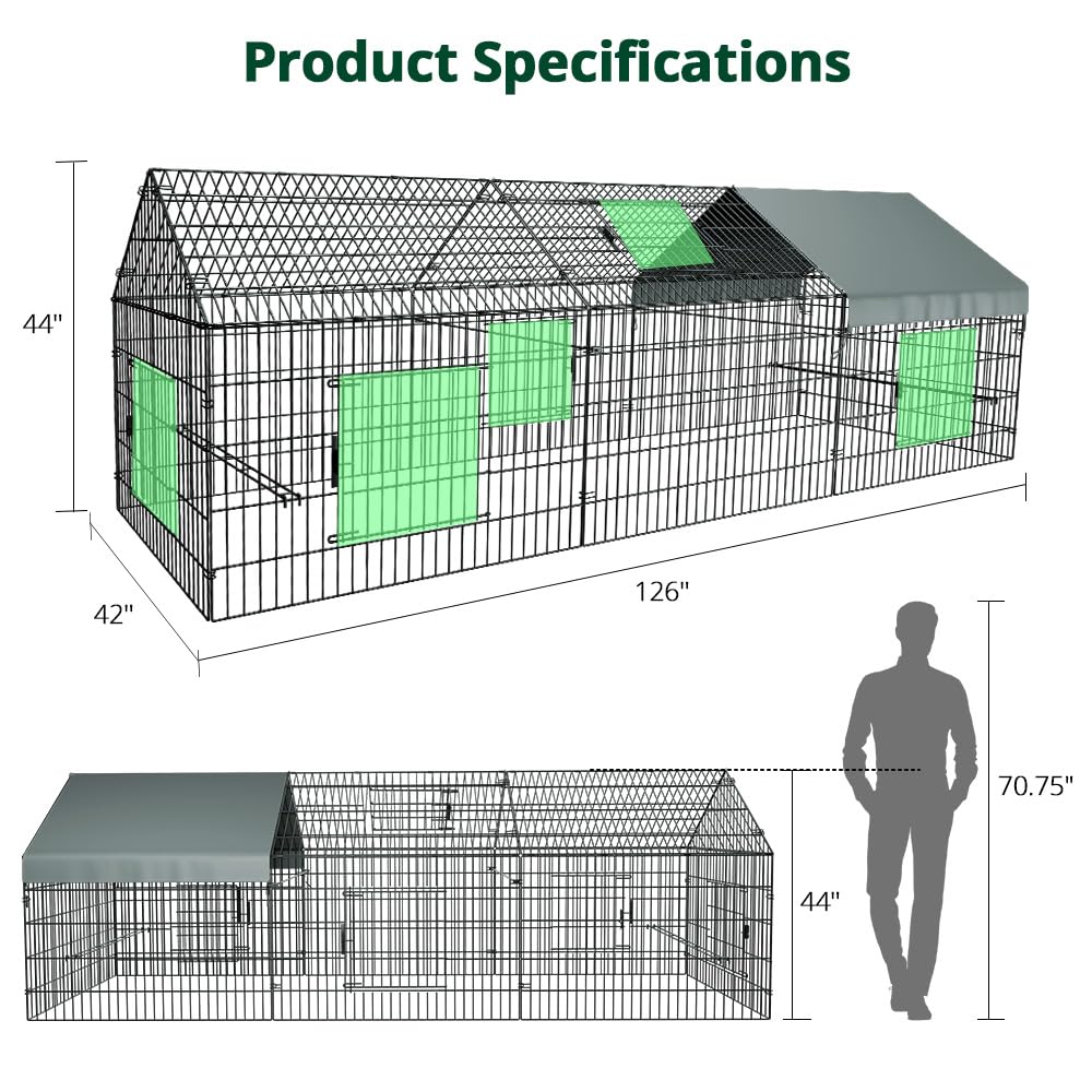 PawGiant Chicken Coop Chicken Run Pen for Yard with Cover 130"×40"×40" Outdoor Metal Portable Chicken Tractor Cage Enclosure Crate Outside for Small Animals Duck Rabbit Hen