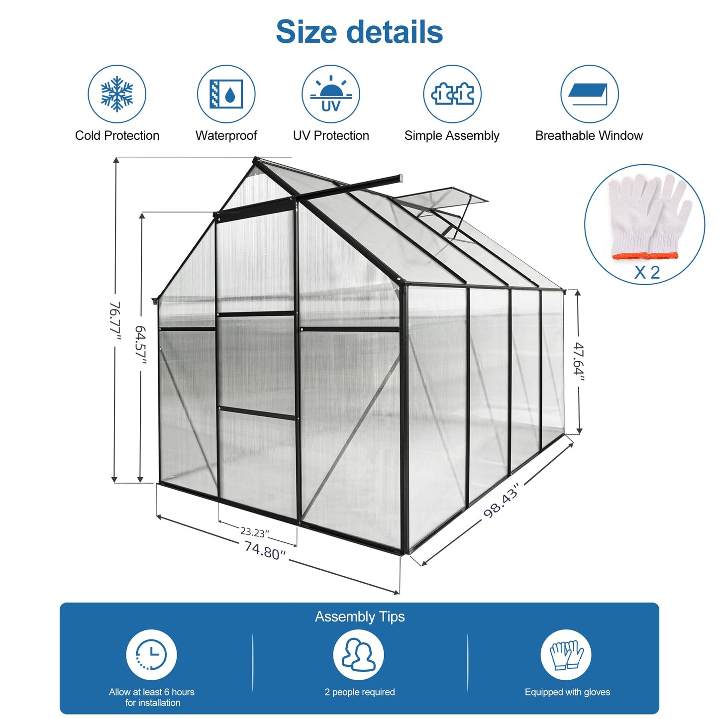 KELRIA 6x8 FT Heavy Duty Walk-in Hobby Greenhouses, Polycarbonate Greenhouse with Sliding Doors and Adjustable Roof Vent, Aluminum Sunroom Green House for Outdoor Garden Backyard, Black