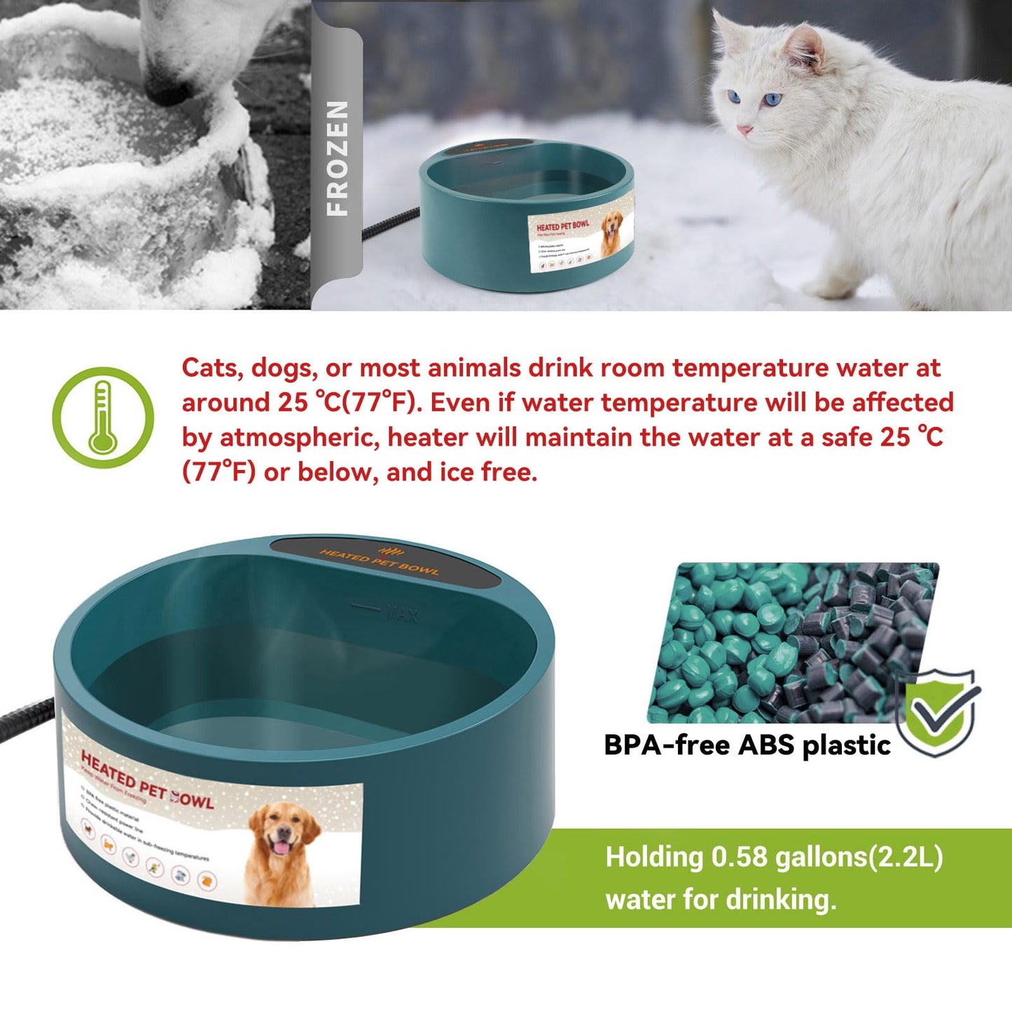 Namsan Heated Water Bowl for Cats Outdoor, 2.2L, Heated Pet Bowls for Chickens Rabbits Farm Animals, Heating Dog Bowl Ice Free in Winter, Thermal-Bowls Warm Water Bird Bath Dish, Green