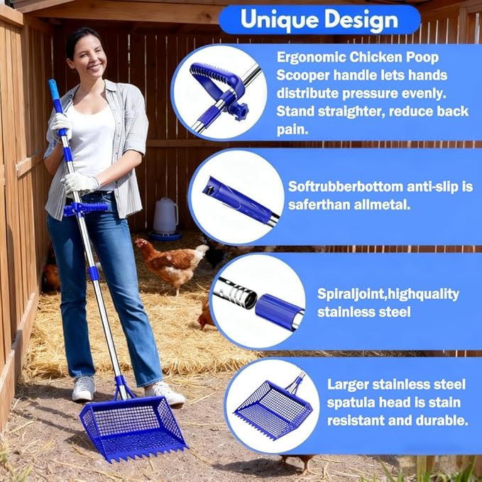 Chicken Poop Scooper & Rake 2-in-1, 304 Stainless Steel Shovel Head - 2X Waste Removal, Easy Clean Anti-Rust Litter Sifting Scoop, Cattle Pen & Beach Sand | Back-Knee Friendly Chicken Coop Accessories